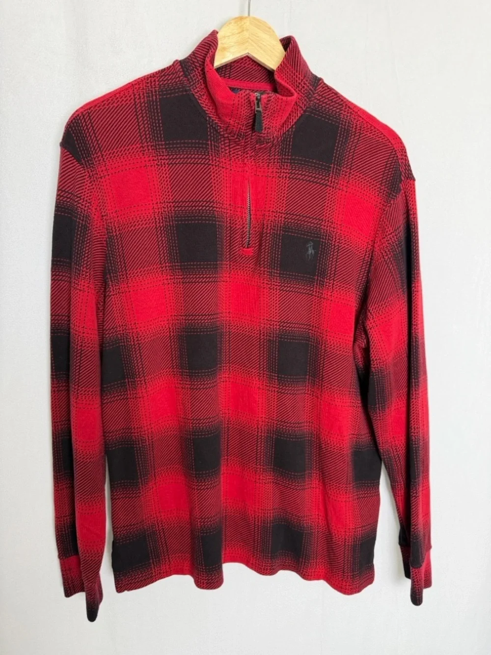 Polo Ralph Lauren Tartan Plaid Red Black Plaid Quarter-Zip Sweater Size S Preppy